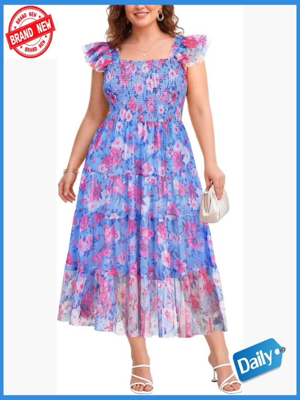 Plus Size Tulle Midi Smocked Ruffle Summer Wedding Guest Dress Sleeveless